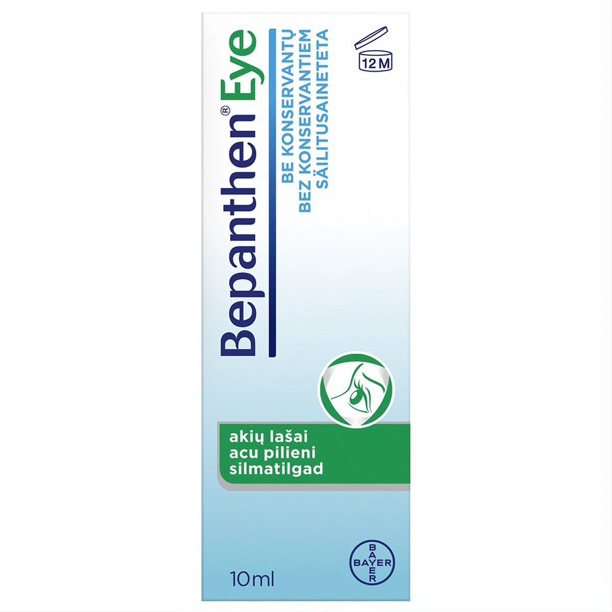 Bepanthen Eye Drops 10ml bottle next to contact lenses, highlighting preservative-free formula safe for lens wearers available in USA