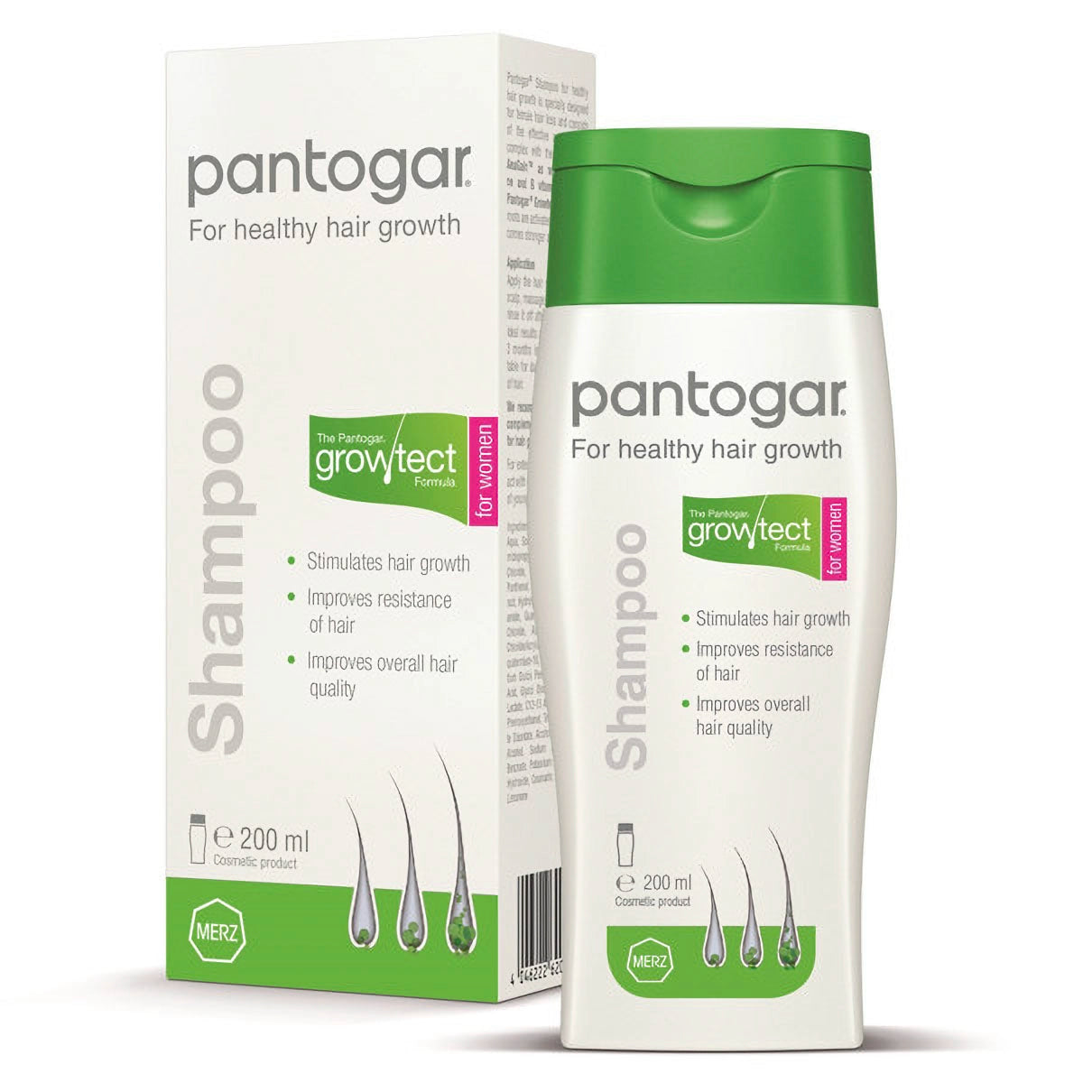 Pantogar Shampoo for Women bottle with nourishing formula to strengthen hair, reduce thinning, and promote healthy, shiny, voluminous hair, shown alongside hair care products available in USA